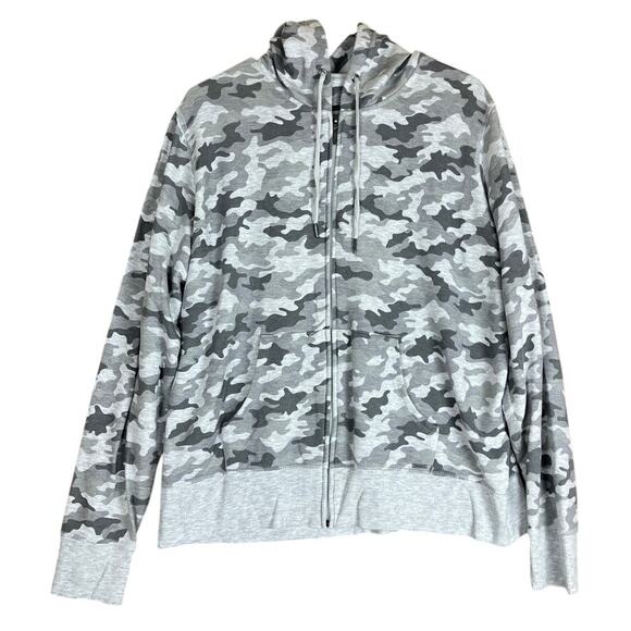 Eddie Bauer Women Jacket Gray Camo Full Zip Hooded Pocket Modal Blend Stretch XL - Picture 1 of 12